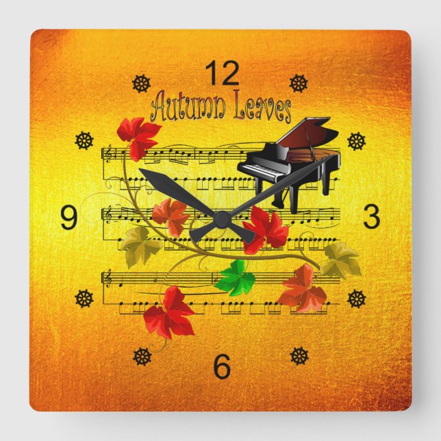 Autumn Leaves ~ Piano ~Sheet Music ~ Rustikal ~ Quadratische Wanduhr (Vorderseite)