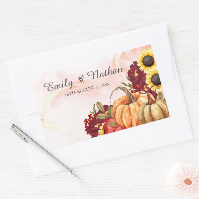 Autumn Leaves Pumpkin Sunflower Hochzeit im Herbst Rechteckiger Aufkleber (Umschlag)