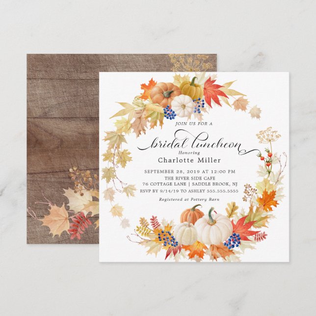 Autumn Leaves Pumpkins Brautparty Luncheon Einladung (Vorne/Hinten)