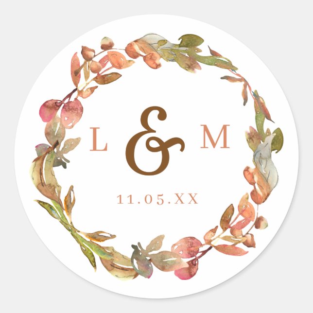 Autumn Leaves Terracotta Monogram Wedding Runder Aufkleber (Vorderseite)