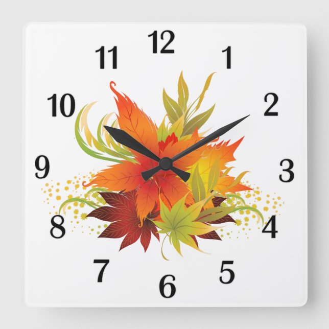 Autumn Leaves Thanksgiving Black Numbers Quadratische Wanduhr (Vorderseite)