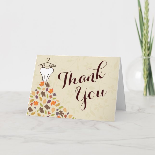 Autumn Leaves Wedding Dress Thank You Dankeskarte (Vorderseite)