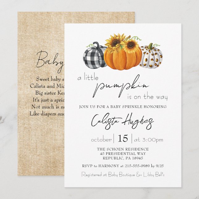 Autumn Little Pumpkin Sunflower Baby Sprinkle Einladung (Vorne/Hinten)