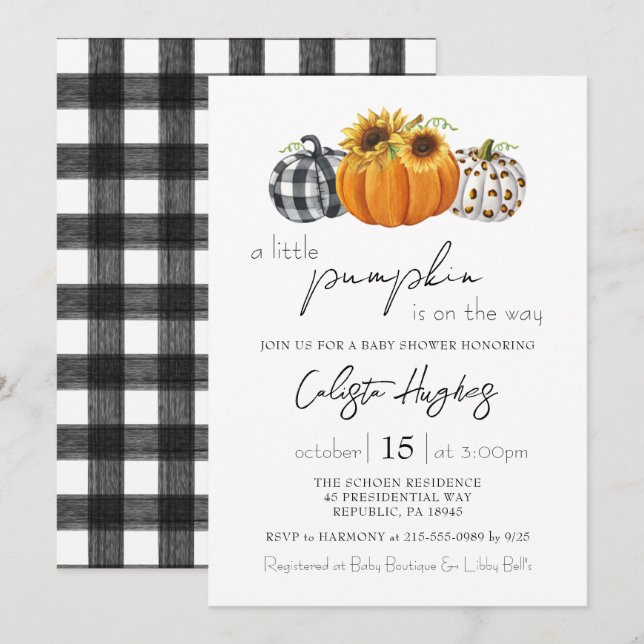 Autumn Little Pumpkin Sunflower Rustic Baby Shower Einladung (Vorne/Hinten)