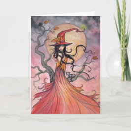 Autumn Magic Hexe and Cat Halloween Art Karte