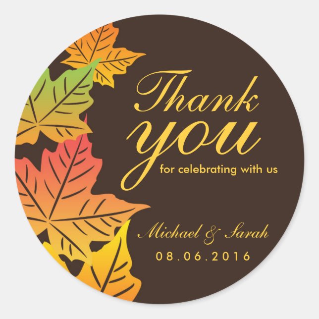Autumn Maple Leaf Hochzeit Danke Sticker Brown (Vorderseite)