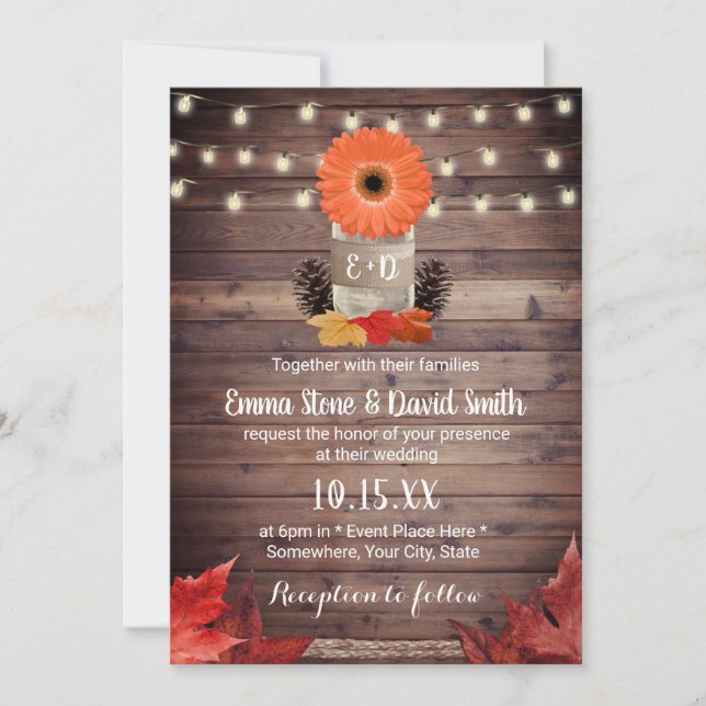 Autumn Mason Jar Rustische Hochzeit im Herbst Einladung (Vorderseite)