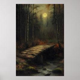 Autumn Moonlit Forest Bridge Rustic Woodland Art Poster