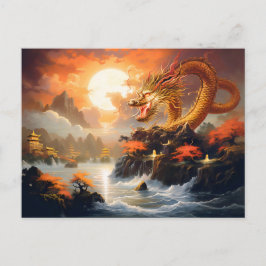 Autumn Moonrise – Chinese Airbrush Dragon in Gold  Postkarte