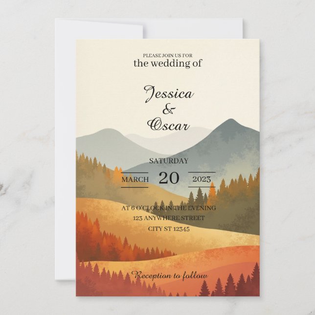 Autumn Mountain Watercolor Wedding Invitation Einladung (Vorderseite)