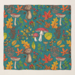 Autumn mushrooms, leaves, nuts and berries on blue schal<br><div class="desc">Hаnd-painted vector pattern with various autumn mushrooms,  fallen leaves,  acorns,  berries and bugs</div>