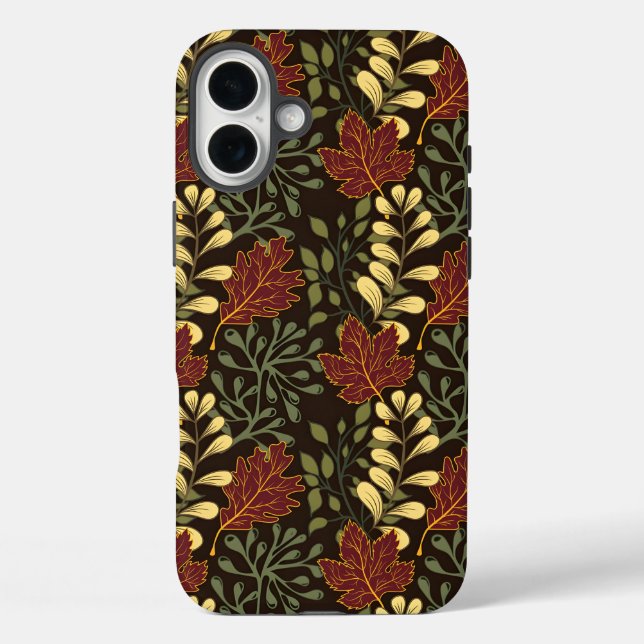 Autumn Oak Leaves Pattern in Maroon and Yellow iPhone 16 Plus Hülle (Rückseite)