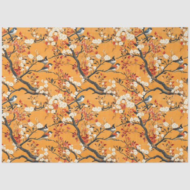 Autumn Orange Floral Birds Chinoiserie Seidenpapier (Vorderseite)