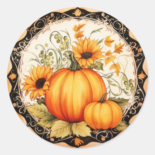 Autumn Orange Pumpkins Floral Runder Aufkleber (Vorderseite)