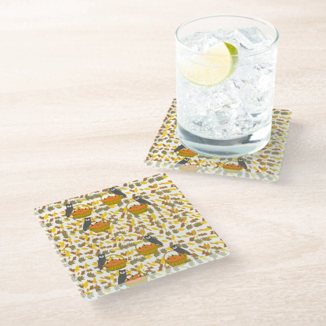 Autumn Owl and Pumpkin Pattern Glass Coaster Home Glasuntersetzer (Schrägansicht)