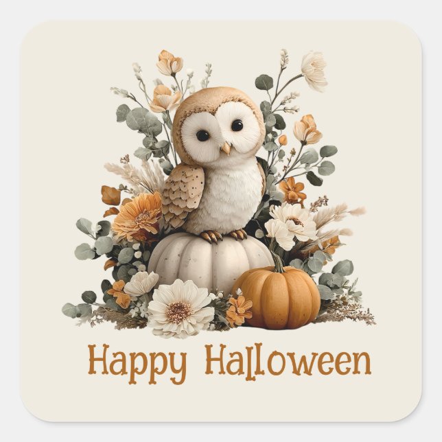 Autumn Owl mit Pumpkins Halloween Art Quadratischer Aufkleber (Vorderseite)