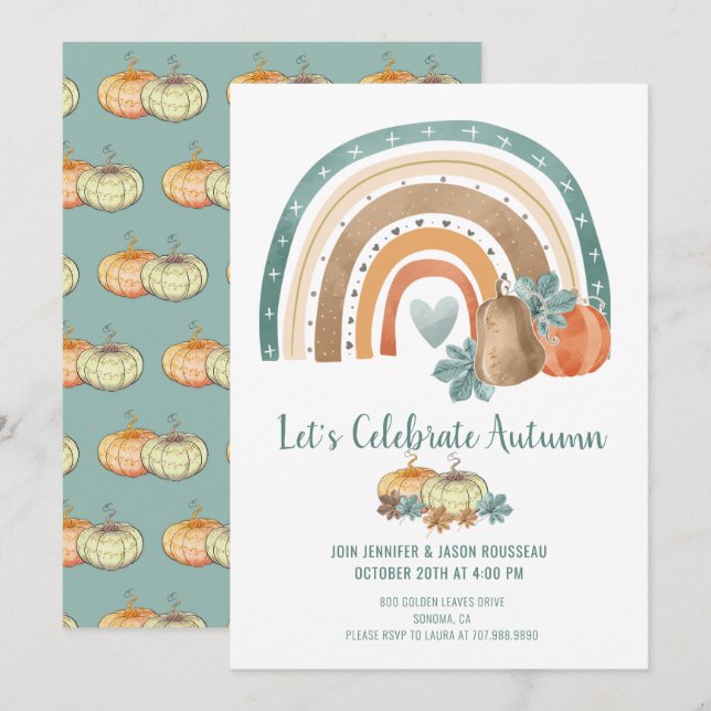 Autumn Party Watercolor Rainbow Pumpkins Einladung (Vorne/Hinten)