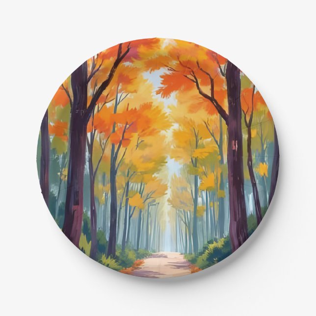 Autumn Path Fall Foliage Painting Pappteller (Vorderseite)