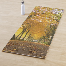 Autumn path with yellow trees and fallen leaves yogamatte
