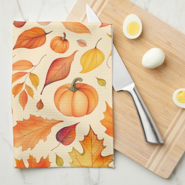 Autumn Pumpkin Blätter Watercolor Geschirrtuch (Viertel Falte)