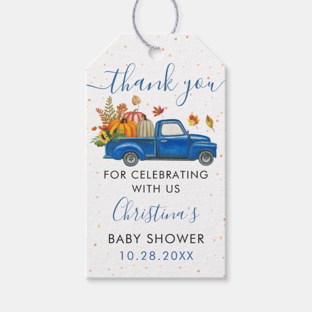 Autumn Pumpkin Blue Truck Baby Dusche Vielen Dank Geschenkanhänger (Vorderseite)