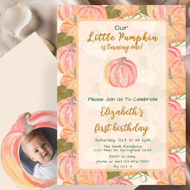 Autumn Pumpkin First Birthday Custom Foto Einladung (Von Creator hochgeladen)
