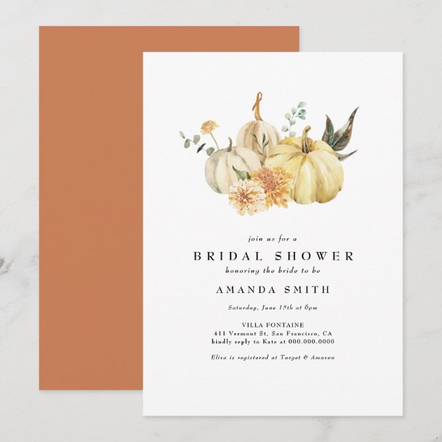 Autumn Pumpkin Floral Orange Brautparty Einladung (Vorne/Hinten)