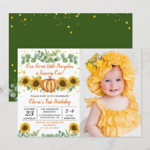 Autumn Pumpkin Greenery Sunflowers Birthday Foto Einladung