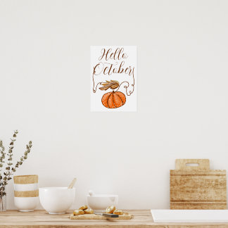 Autumn Pumpkin Hello October Poster
