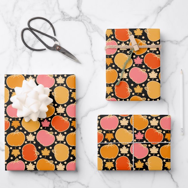 Autumn Pumpkin Pattern Black Geschenkpapier Set (Vorderseite)
