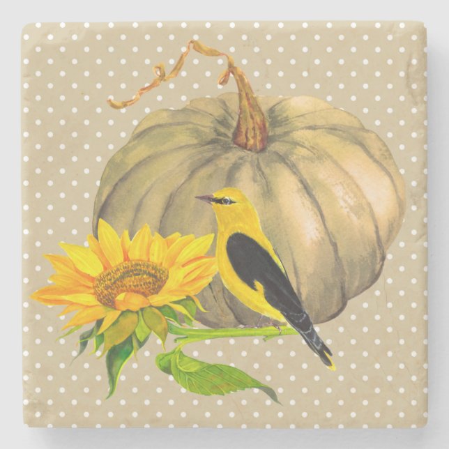 Autumn Pumpkin Sonnenblume und Finch Steinuntersetzer (Vorderseite)