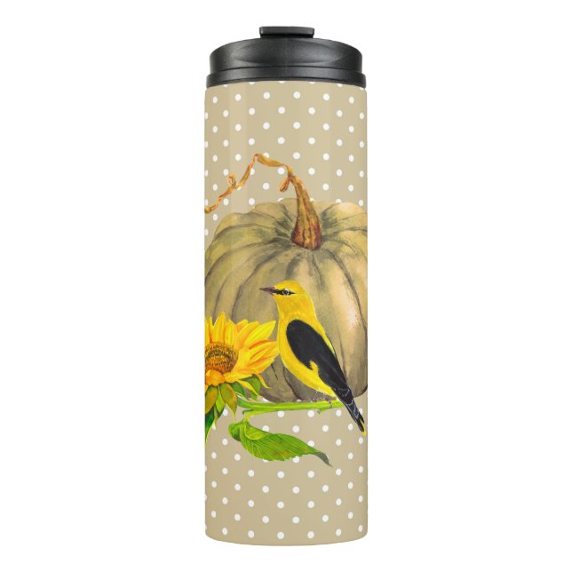 Autumn Pumpkin Sonnenblume und Finch Thermosbecher (Vorderseite)