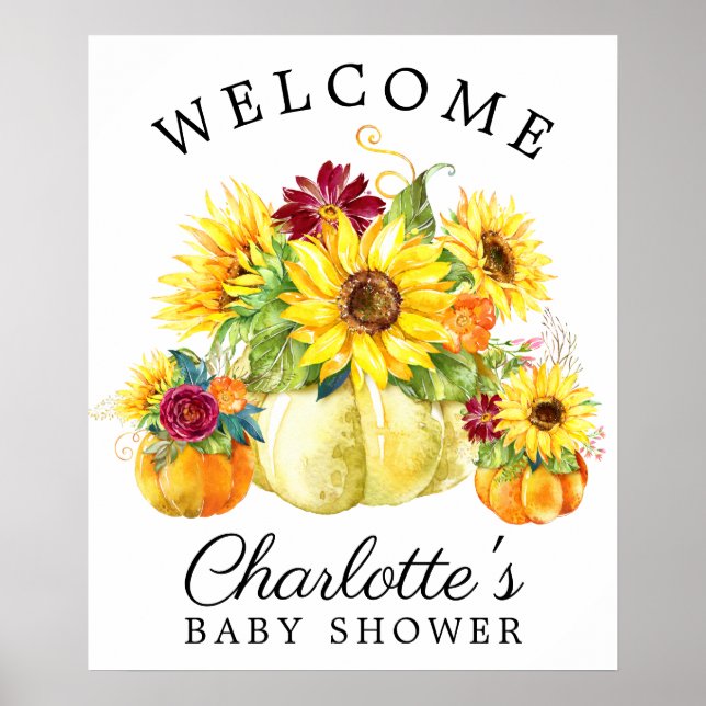 Autumn Pumpkin Sunflower Baby Dusche Begrüßungszei Poster (Vorne)
