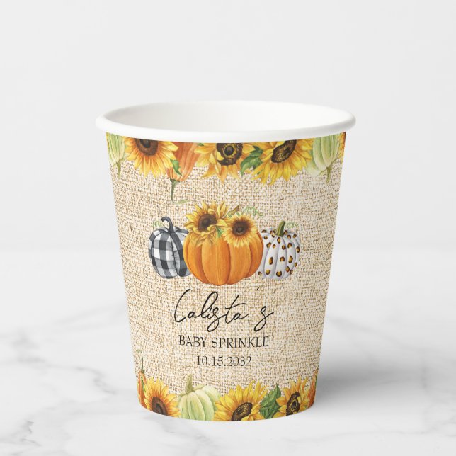 Autumn Pumpkin Sunflower Burlap Baby Sprinkle Pappbecher (Vorderseite)
