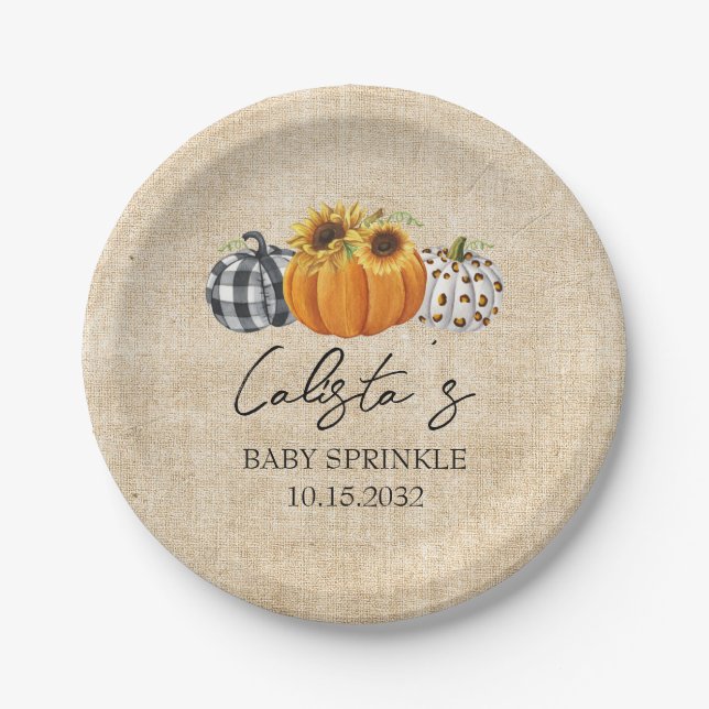 Autumn Pumpkin Sunflower Burlap Baby Sprinkle Pappteller (Vorderseite)