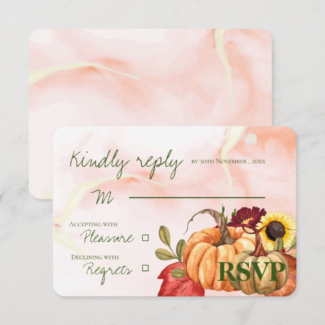 Autumn Pumpkin Sunflower Niedliche Hochzeit im Her RSVP Karte (Vorne/Hinten)