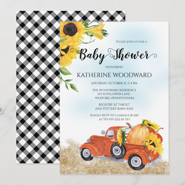 Autumn Pumpkin Truck | Sonnenblumen Babydusche Einladung (Vorne/Hinten)