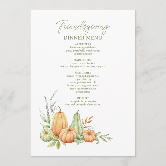 Autumn Pumpkin Verlasse Rustic Friendsgiving Dinne Menükarte (Vorderseite)