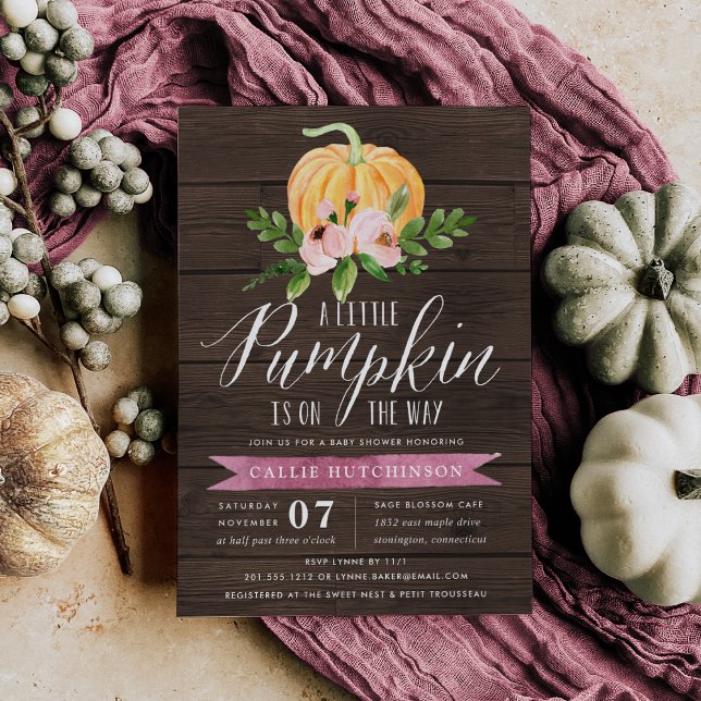 Autumn Pumpkin Wood & Pink Floral Baby Dusche Einladung (Von Creator hochgeladen)