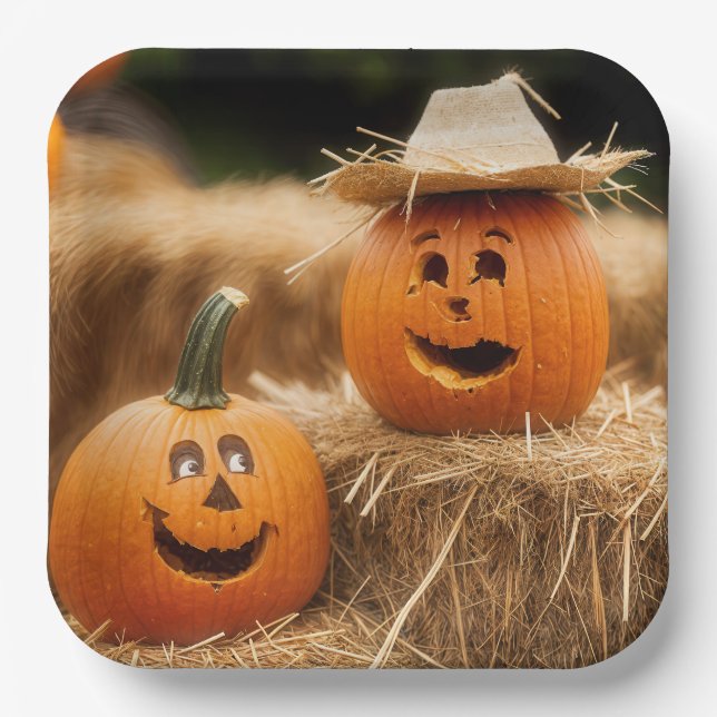 Autumn Pumpkins auf Hay Bales Pappteller (Vorderseite)