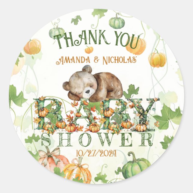 Autumn Pumpkins & Bear Baby Shower Vielen Dank Runder Aufkleber (Vorderseite)