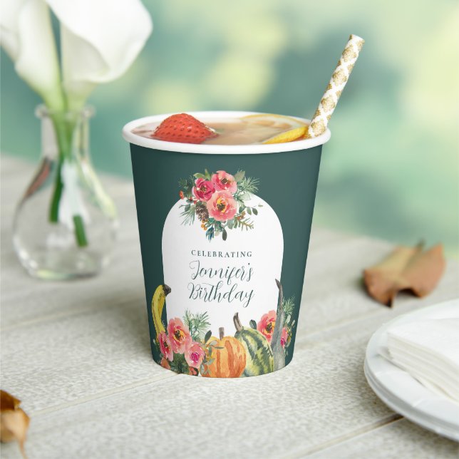 Autumn Pumpkins Pink Floral Birthday Party Pappbecher (In Situ)