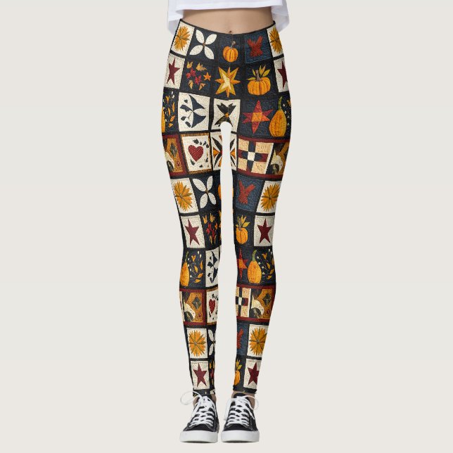 Autumn Quilt Blockmuster | Rustikale Ernte Leggings (Vorderseite)