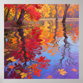 Autumn Reflection Pond Impressionist Poster