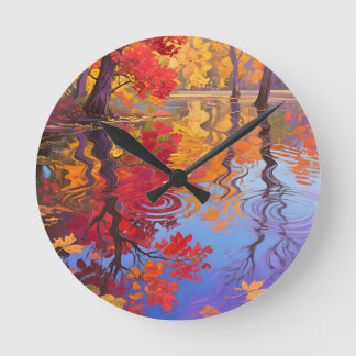 Autumn Reflection Pond Impressionist Runde Wanduhr