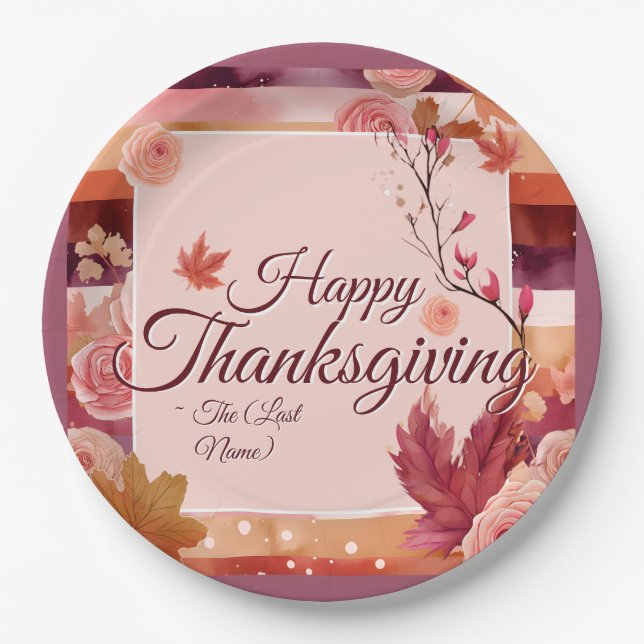 Autumn Rose Happy Thanksgiving Paper Napkin Pappteller (Vorderseite)