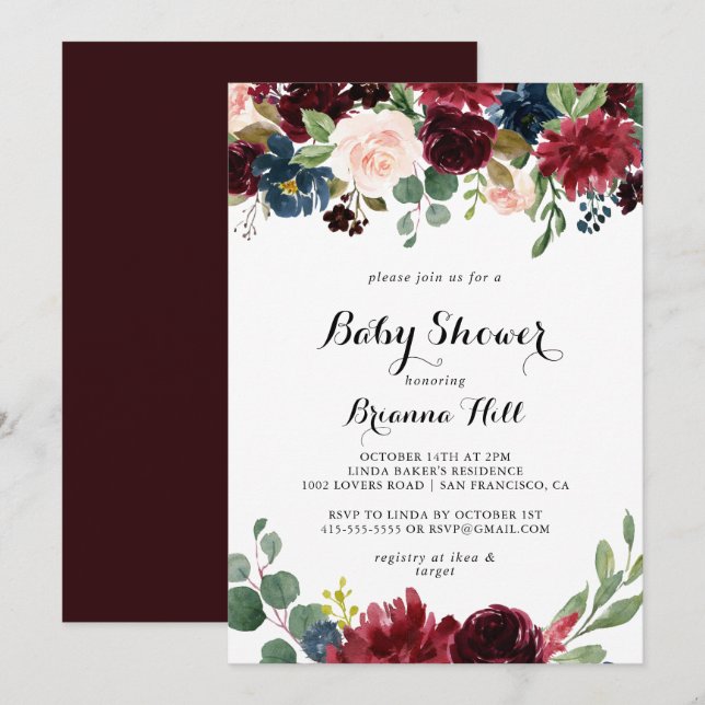 Autumn Rustic Burgundy Calligraphy Baby Shower Einladung (Vorne/Hinten)