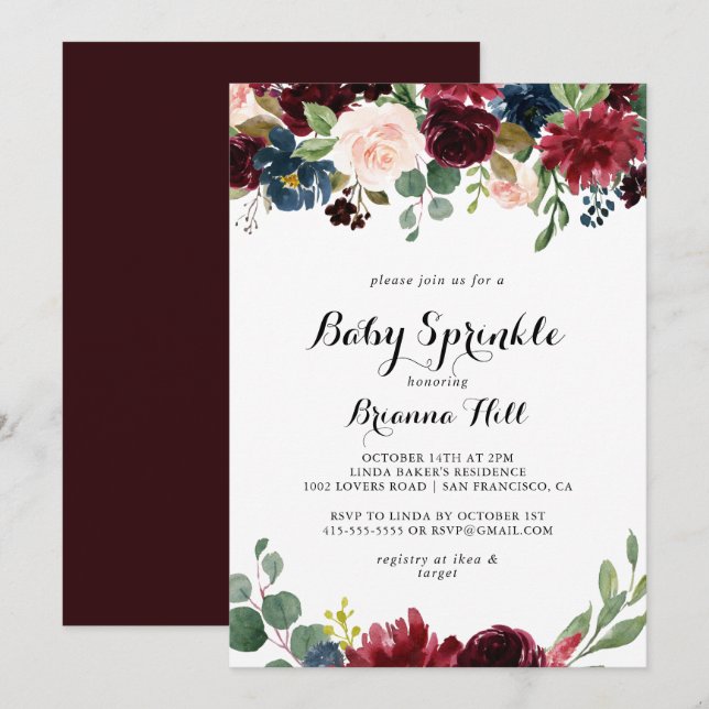 Autumn Rustic Burgundy Calligraphy Baby Sprinkle Einladung (Vorne/Hinten)