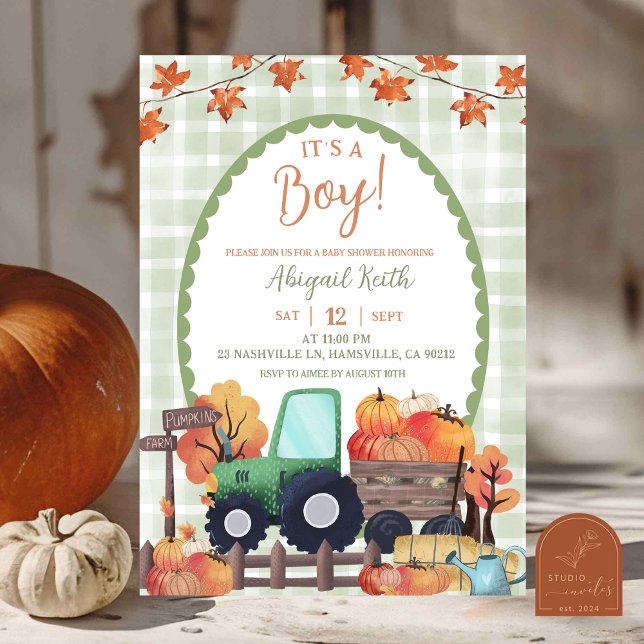 Autumn Sage Green Pumpkin Traktor Boy Baby Dusche Einladung (Von Creator hochgeladen)