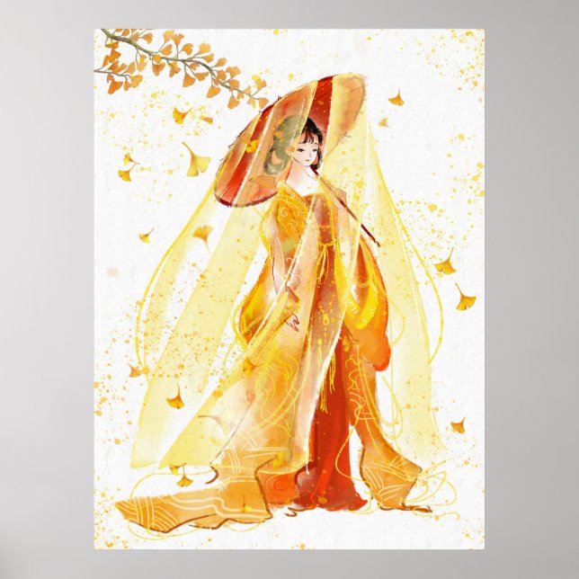 Autumn Serenity: Japanese Geisha Watercolor Poster (Vorne)